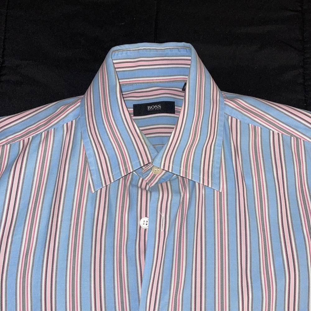 Pink blue and white striped Hugo Boss Dress Shirt; Size 15 1/2, 32/33